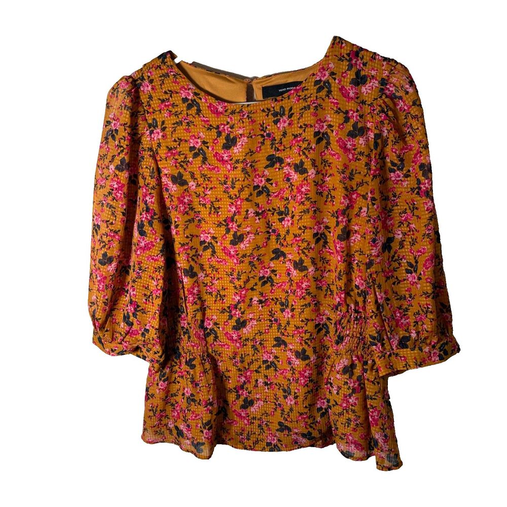 Vero Moda Blouse Women's Large Floral 3/4 Sleeve Lined Colorful Shirt Top